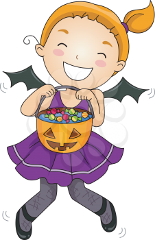 Royalty Free Clipart Image of a Little Girl in a Bat Costume With Halloween Candies