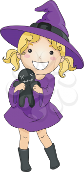 Royalty Free Clipart Image of a Girl in a Purple Witch Costume Carrying a Voodoo Doll