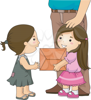 Royalty Free Clipart Image of a Nicely Dressed Girl Giving Something to a Girl in a Patched Dress