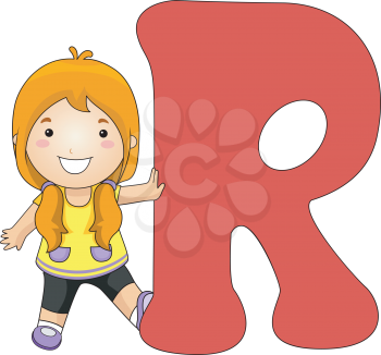 Illustration of a Girl Leaning Against a Letter R