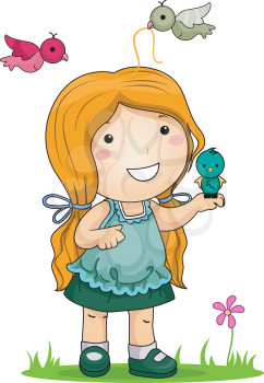 Royalty Free Clipart Image of a Little Girl Playing With Birds