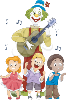 Royalty Free Clipart Image of Kids Dancing to a Clown Playing Guitar
