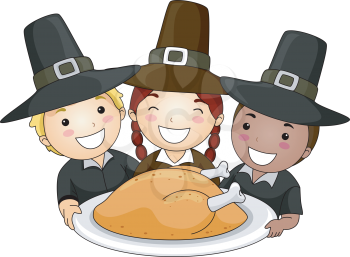 Royalty Free Clipart Image of Children in Pilgrim's Clothes Holding a Turkey