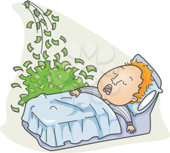 Royalty Free Clipart Image of a Man Sleeping With Money Falling