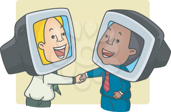 Royalty Free Clipart Image of Two Men in Computers Shaking Hands