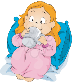 Royalty Free Clipart Image of a Child Drinking While Lying on Her Bed
