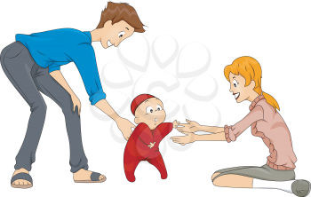 Royalty Free Clipart Image of Parents Helping a Baby Take His First Step