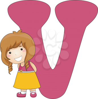 Royalty Free Clipart Image of a Little Girl Beside a V