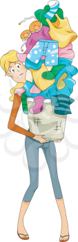 Royalty Free Clipart Image of a Woman Carrying a Pile of Dirty Laundry