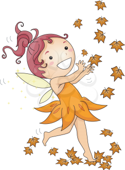 Royalty Free Clipart Image of a Fairy and Autumn Leaves