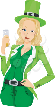 Royalty Free Clipart Image of a Woman in a Green Holding a Beer