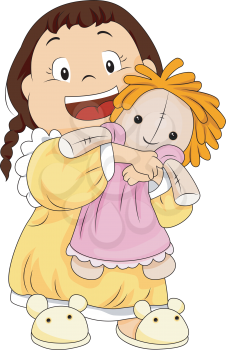 Royalty Free Clipart Image of a Girl Hugging Her Doll