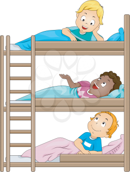 Royalty Free Clipart Image of Three Boys in Camp Bunks