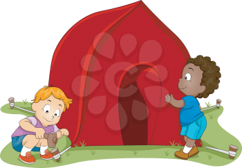 Royalty Free Clipart Image of Two Boys Setting up a Tent