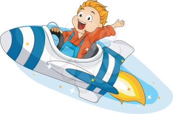 Royalty Free Clipart Image of a Little Boy Riding in a Spaceships