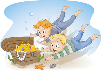 Royalty Free Clipart Image of a Boys Diving For Sunken Treasure