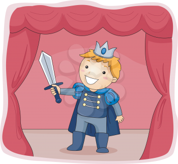 Royalty Free Clipart Image of a Boy Dressed as a Prince on Stage