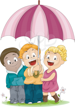 Royalty Free Clipart Image of Three Children Under an Umbrella