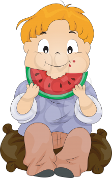 Royalty Free Clipart Image of a Child Eating Watermelon