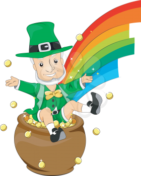 Royalty Free Clipart Image of a Leprechaun Sitting on a Pot of Gold at the End of a Rainbow