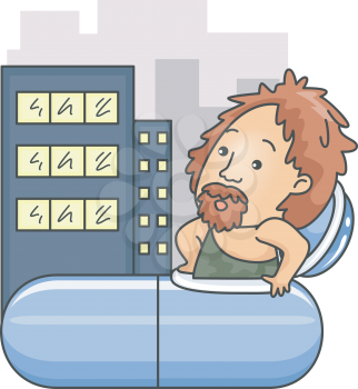 Royalty Free Clipart Image of a Prehistoric Man Coming to the Future in a Capsule