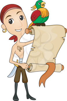Royalty Free Clipart Image of a Pirate and a Parrot With a Blank Scroll