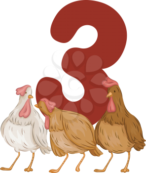 Royalty Free Clipart Image of Three Hens Besides Three
