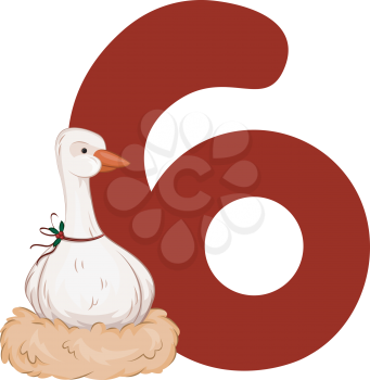Royalty Free Clipart Image of a Goose on a Nest Beside a Six