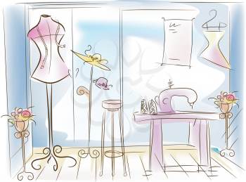 Royalty Free Clipart Image of a Sewing Room