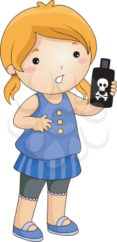 Royalty Free Clipart Image of a Girl Holding a Bottle With a Skull and Crossbones on It