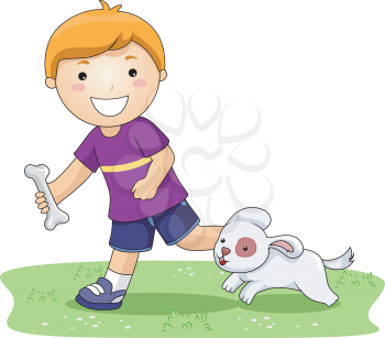 Royalty Free Clipart Image of a Boy With a Bone Being Chased by a pup