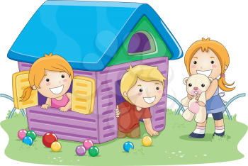 Royalty Free Clipart Image of Children in a Playhouse