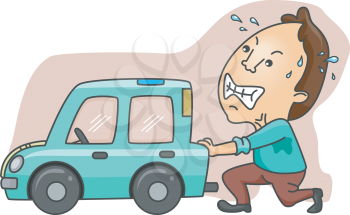 Royalty Free Clipart Image of a Man Pushing a Car