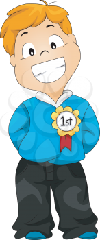 Royalty Free Clipart Image of a Boy With a First Place Ribbon