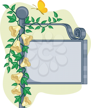 Royalty Free Clipart Image of a Sign With a Floral Vine and a Butterfly