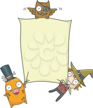 Royalty Free Clipart Image of Halloween Creatures Holding a Blank Sign