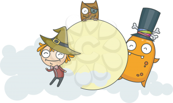 Royalty Free Clipart Image of a Witch, Monster and Owl Playing Around a Moon