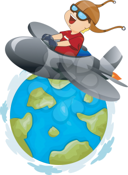 Royalty Free Clipart Image of a Little Boy on a Plane on the World