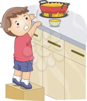 Royalty Free Clipart Image of a Child at a Hot Pot With a Grease Spatter on His Hand