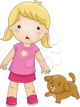 Royalty Free Clipart Image of a Little Girl With a Dog Bite on Her Leg and the Dog Beside Her