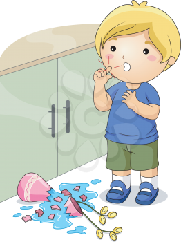 Royalty Free Clipart Image of a Little Boy With a Cut Finger and a Broken Vase