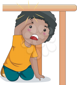 Royalty Free Clipart Image of a Child Who Bumped His Head Under a Table