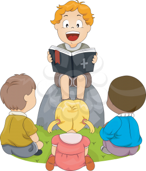Royalty Free Clipart Image of a Boy Reading the Bible to Other Children