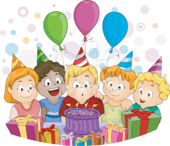 Royalty Free Clipart Image of a Child Blowing Out the Candles at His Birthday Party