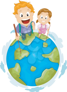 Royalty Free Clipart Image of Little Hikers on Top of the World