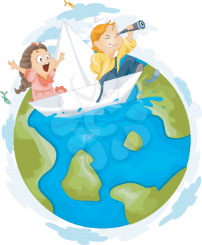 Royalty Free Clipart Image of Kids on a Globe in a Paper Boat