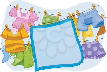 Royalty Free Clipart Image of a Blanket and Children's Clothes Hanging on a Line