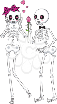 Royalty Free Clipart Image of a Skeleton Boy Giving a Skeleton Girl a Flower