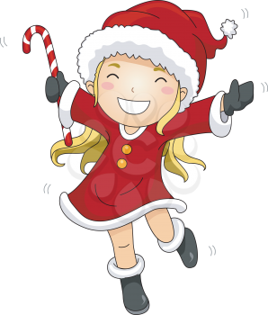 Royalty Free Clipart Image of a Girl in a Santa Suit With a Candy Cane