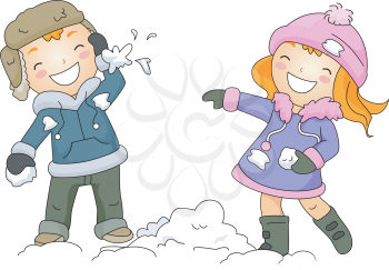 Royalty Free Clipart Image of a Boy and Girl Having a Snowball Fight